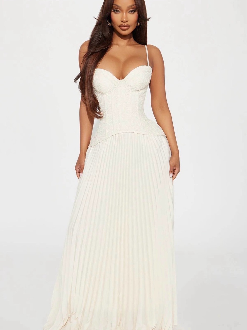 Fashion Nova Ivory White Pleated Maxi Dress